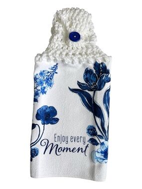 Hand Crafted Blue Floral 'Enjoy Every Moment' Hanging Kitchen Hand Towel